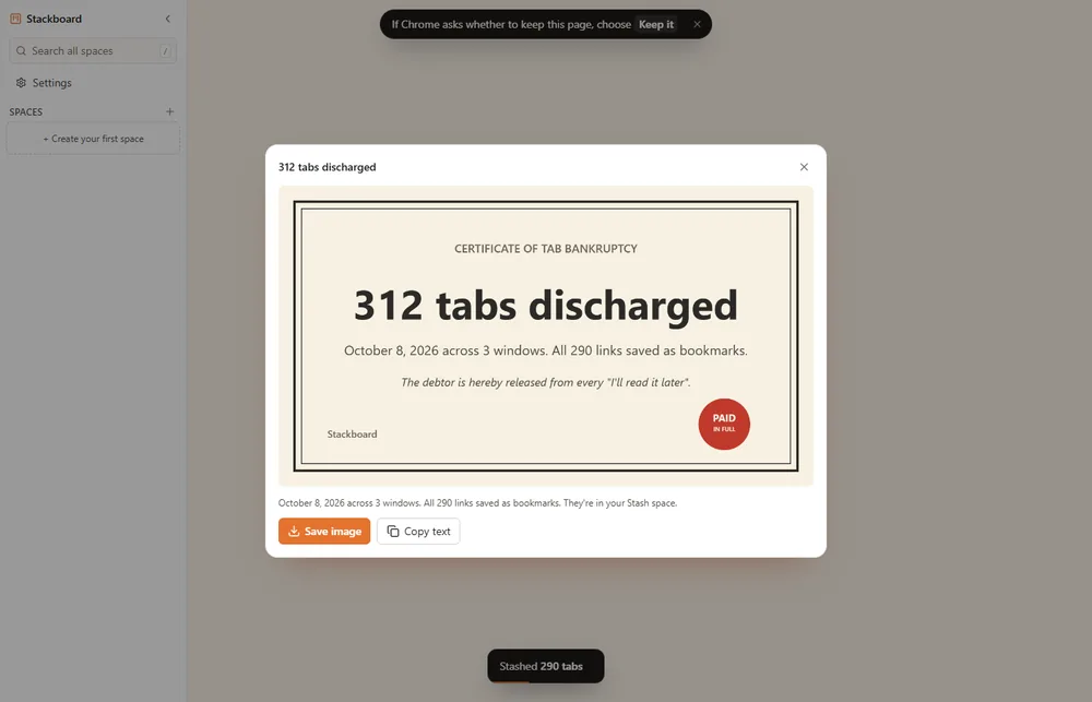 A tab bankruptcy certificate saying 312 tabs were discharged