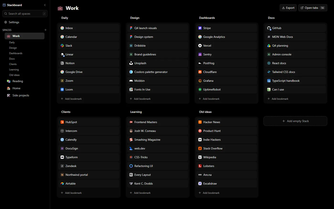 Stackboard in the true black palette: black background, dark gray stacks of bookmarks