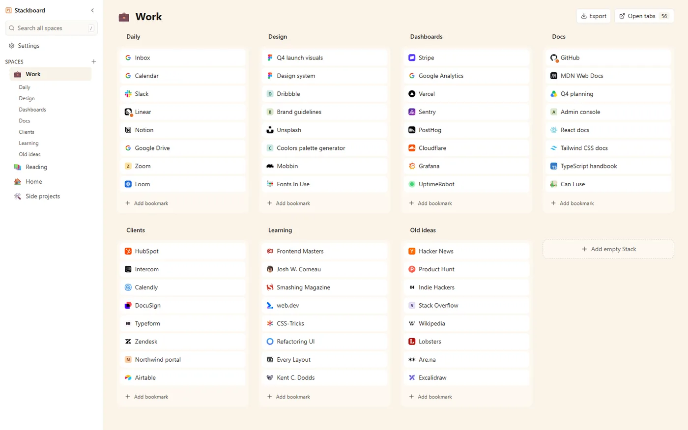 Stackboard new tab showing spaces in a sidebar and stacks of bookmarks across the page
