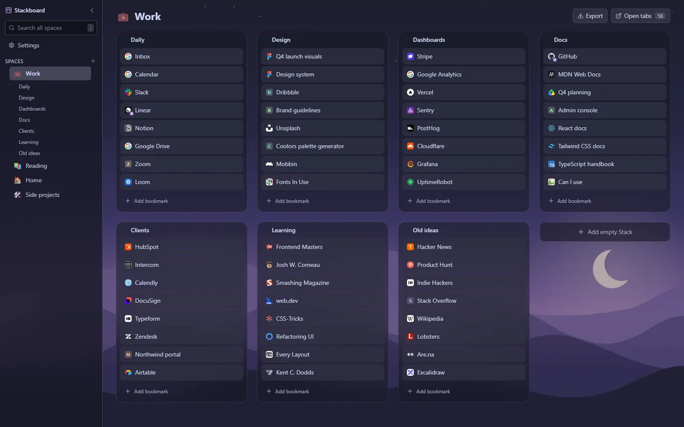 A Chrome new tab replaced by Stackboard in the Catppuccin Mocha theme