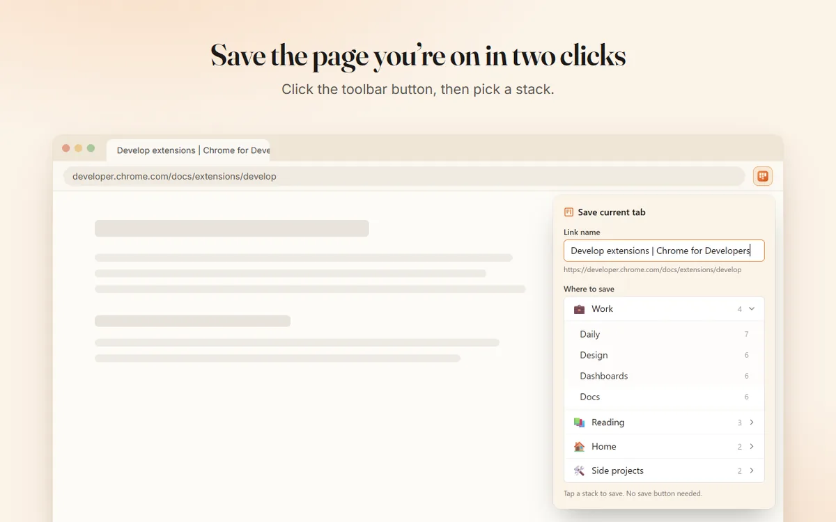 The Stackboard toolbar popup saving the current tab into a stack, with spaces such as Work, Reading and Home